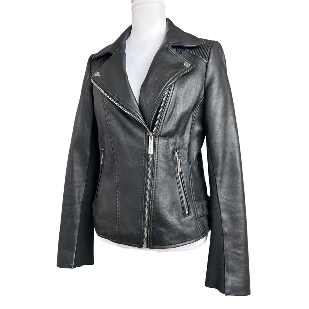 Michael Kors Leather Moto Jacket Black Zip Biker Goth - Picture 3 of 14
